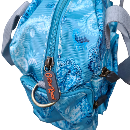 Cotton Road Handbag: BLUE PVC with PAISLEY Print TOP ZIP VIEW
