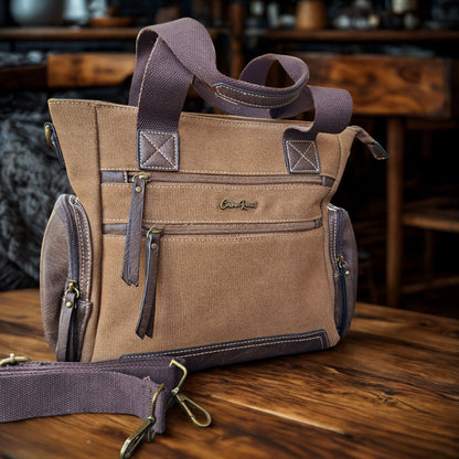 Cotton Road Handbag: BROWN Canvas & PU Leather Multi-pocket Shoulder Bag