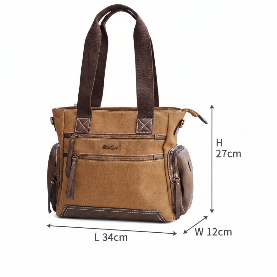 Cotton Road Handbag: BROWN Canvas & PU Leather Multi-pocket Shoulder Bag SIZE