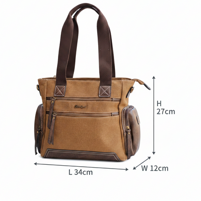 Cotton Road Handbag: BROWN Canvas & PU Leather Multi-pocket Shoulder Bag SIZE
