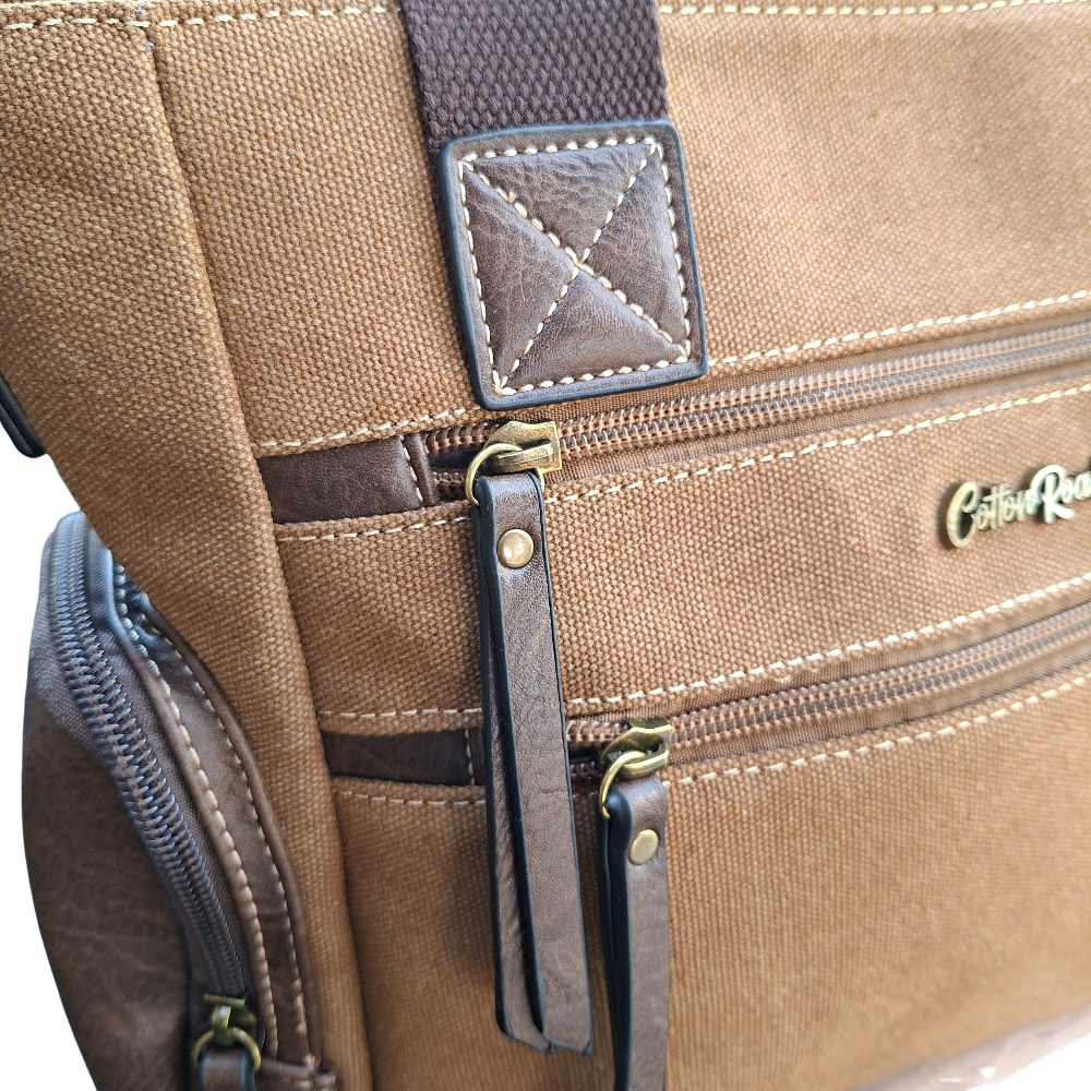 Cotton Road Handbag: BROWN Canvas & PU Leather Multi-pocket Shoulder Bag close up