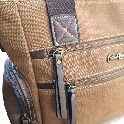 Cotton Road Handbag: BROWN Canvas & PU Leather Multi-pocket Shoulder Bag close up