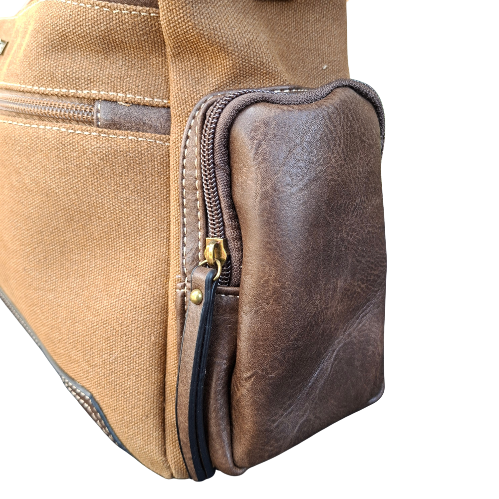 Cotton Road Handbag: BROWN Canvas & PU Leather Multi-pocket Shoulder Bag close up side pocket