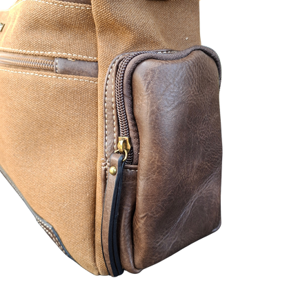 Cotton Road Handbag: BROWN Canvas & PU Leather Multi-pocket Shoulder Bag close up side pocket