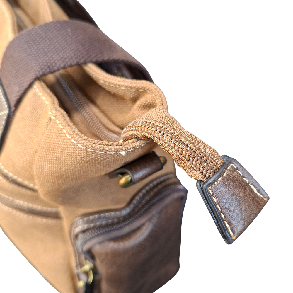 Cotton Road Handbag: BROWN Canvas & PU Leather Multi-pocket Shoulder Bag close up top view