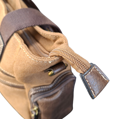 Cotton Road Handbag: BROWN Canvas & PU Leather Multi-pocket Shoulder Bag close up top view