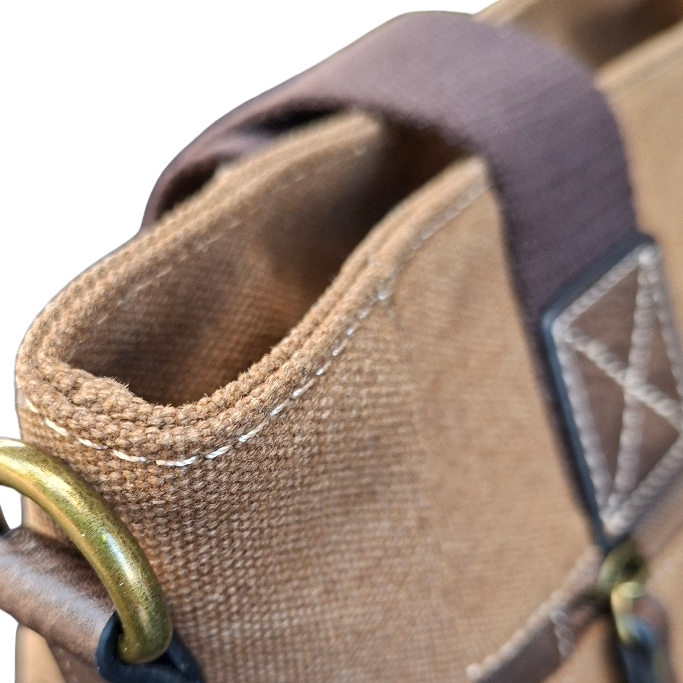 Cotton Road Handbag: BROWN Canvas & PU Leather Multi-pocket Shoulder Bag close up view