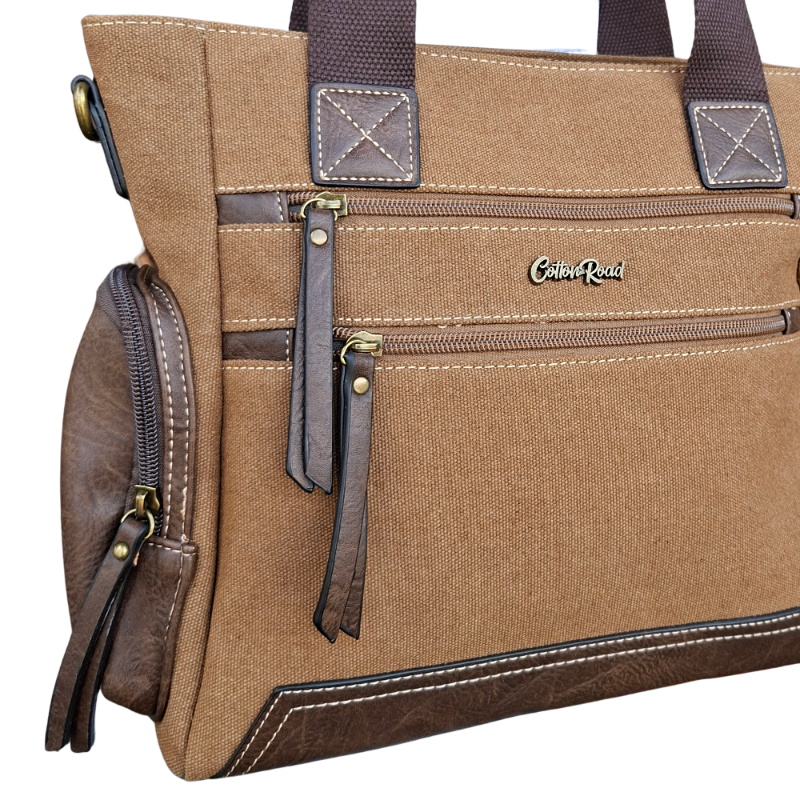 Cotton Road Handbag: BROWN Canvas & PU Leather Multi-pocket Shoulder Bag front