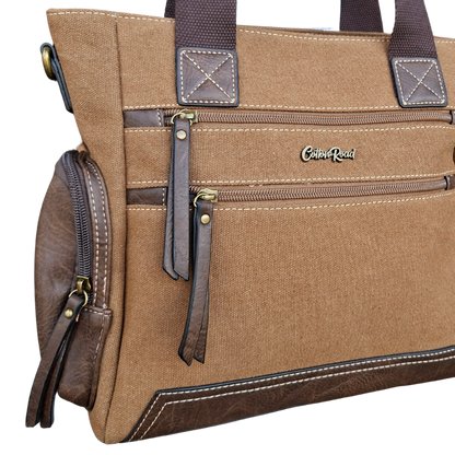 Cotton Road Handbag: BROWN Canvas & PU Leather Multi-pocket Shoulder Bag front