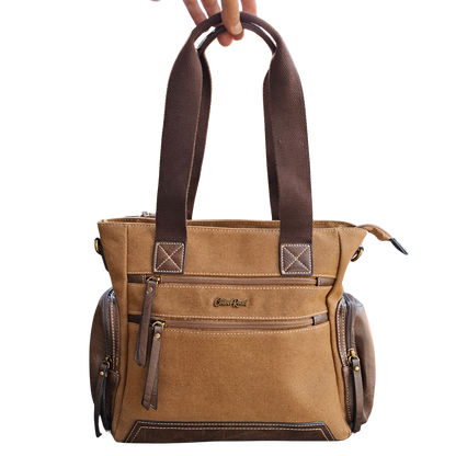 Cotton Road Handbag: BROWN Canvas & PU Leather Multi-pocket Shoulder Bag in hand