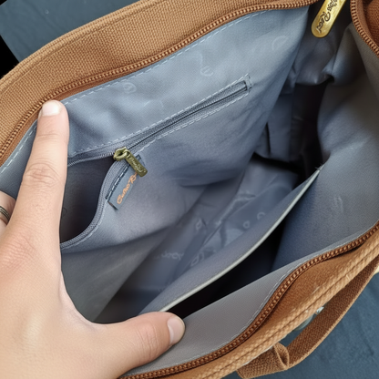 Cotton Road Handbag: BROWN Canvas & PU Leather Multi-pocket Shoulder Bag main compartment