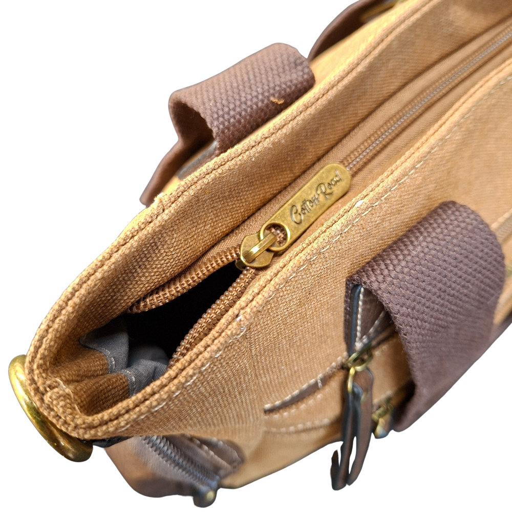 Cotton Road Handbag: BROWN Canvas & PU Leather Multi-pocket Shoulder Bag main compartment zip