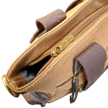 Cotton Road Handbag: BROWN Canvas & PU Leather Multi-pocket Shoulder Bag main compartment zip