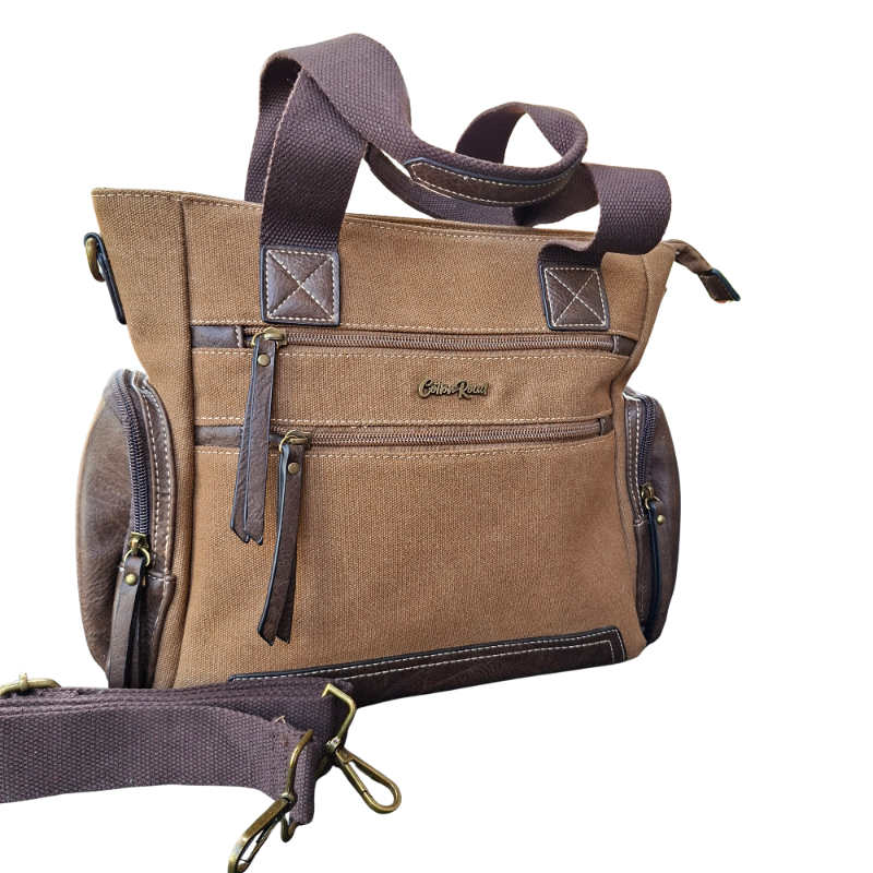 Cotton Road Handbag: BROWN Canvas & PU Leather Multi-pocket Shoulder Bag set