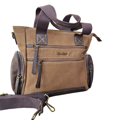 Cotton Road Handbag: BROWN Canvas & PU Leather Multi-pocket Shoulder Bag set