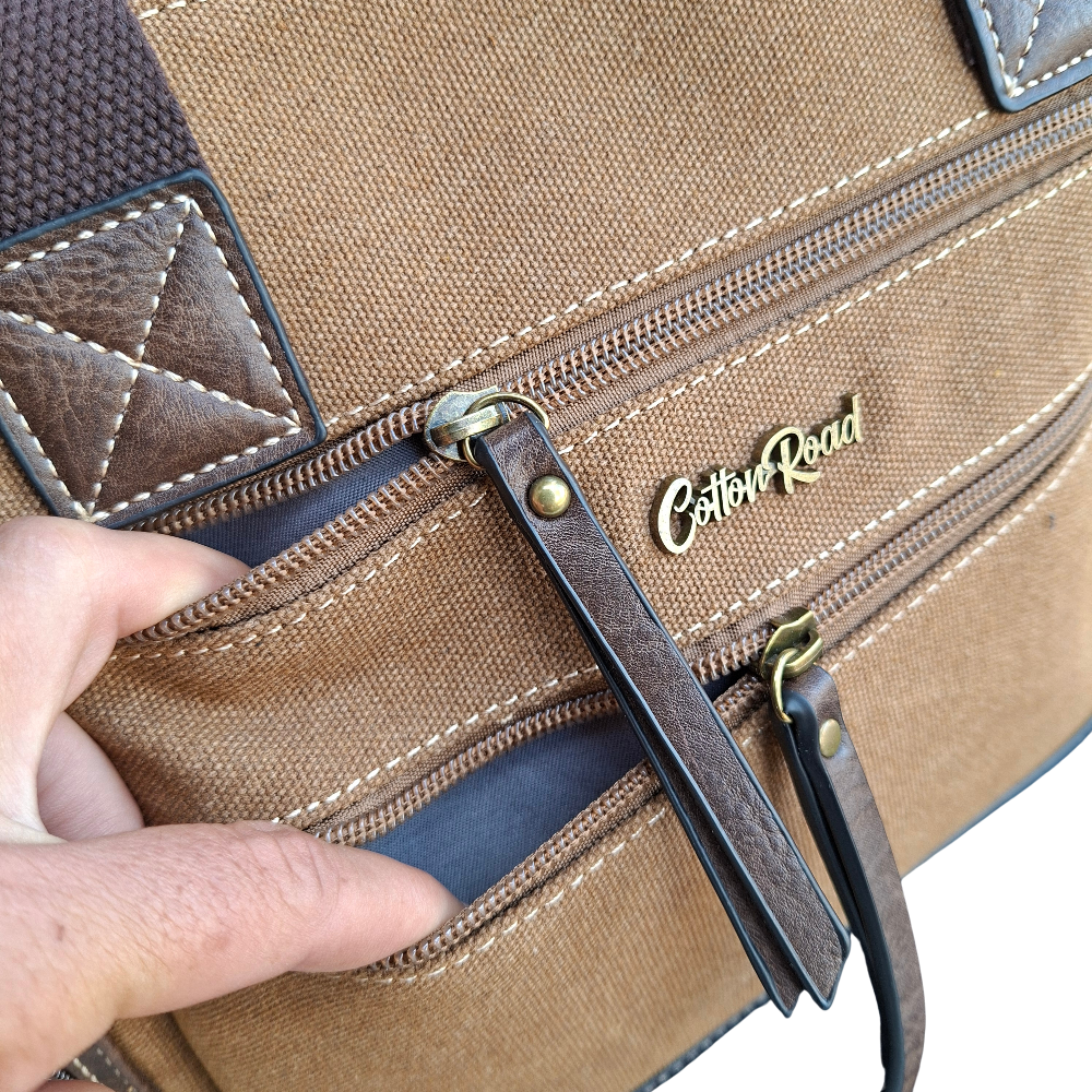 Cotton Road Handbag: BROWN Canvas & PU Leather Multi-pocket Shoulder Bag zipped compartments
