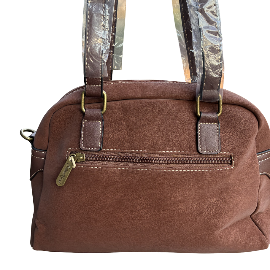 Cotton Road Handbag: BROWN PU Leather Dome Shoulder Bag with Black Trim BLACK VIEW
