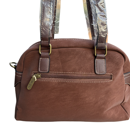Cotton Road Handbag: BROWN PU Leather Dome Shoulder Bag with Black Trim BLACK VIEW