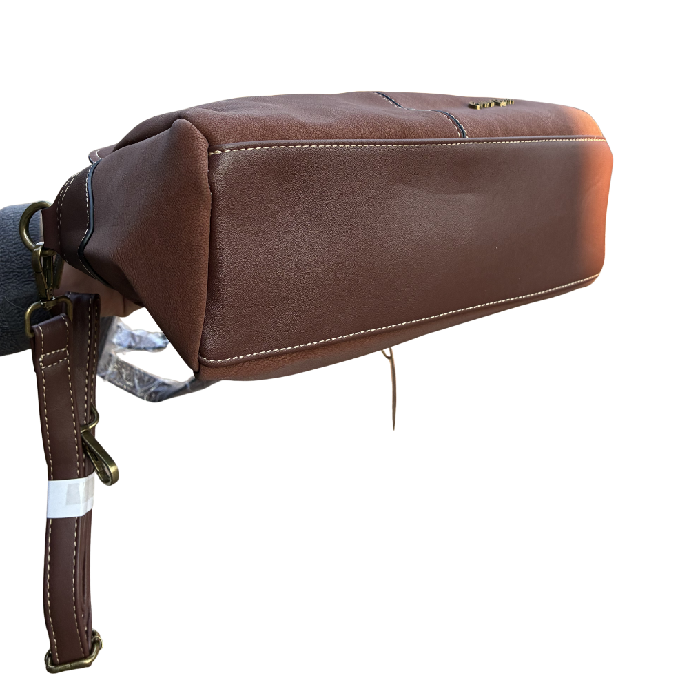 Cotton Road Handbag: BROWN PU Leather Dome Shoulder Bag with Black Trim BOTTOM VIEW