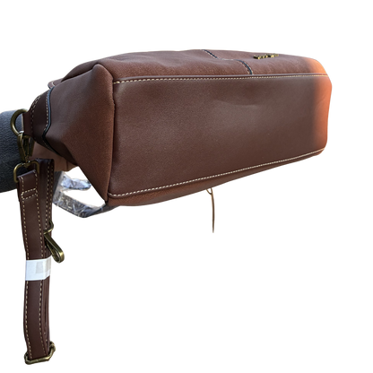 Cotton Road Handbag: BROWN PU Leather Dome Shoulder Bag with Black Trim BOTTOM VIEW