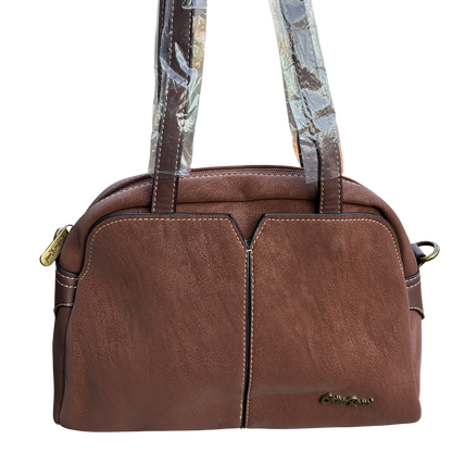 Cotton Road Handbag: BROWN PU Leather Dome Shoulder Bag with Black Trim FRONT