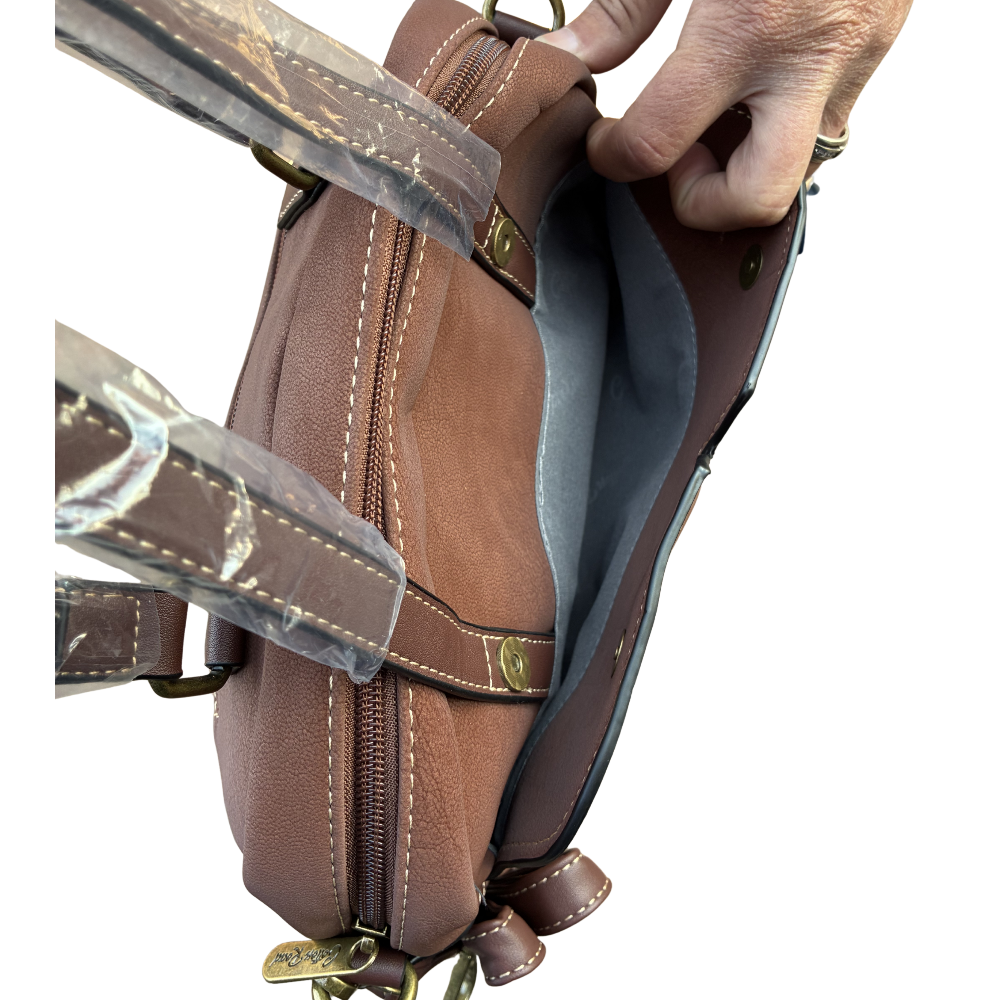 Cotton Road Handbag: BROWN PU Leather Dome Shoulder Bag with Black Trim FRONT POCKET VIEW
