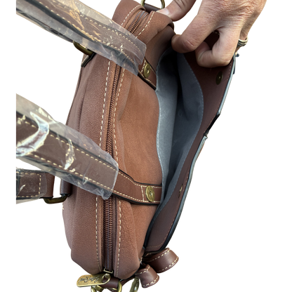 Cotton Road Handbag: BROWN PU Leather Dome Shoulder Bag with Black Trim FRONT POCKET VIEW