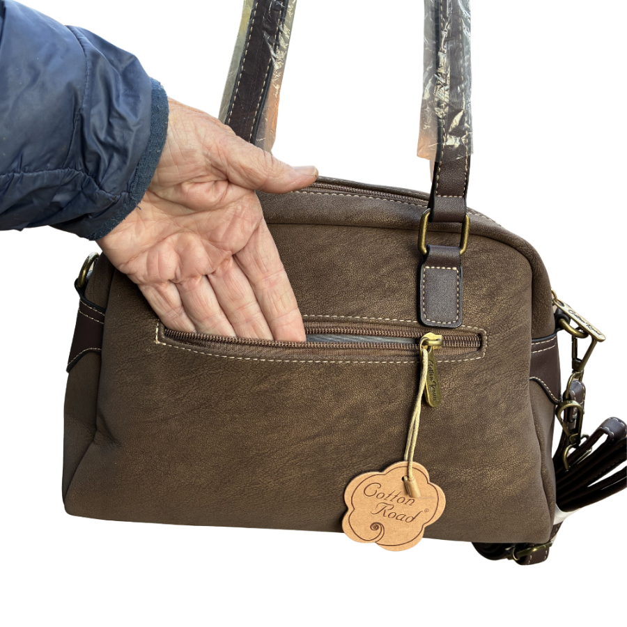 Cotton Road Handbag: BROWN PU Leather Dome Shoulder Bag with Black Trim FRONT POCKET VIEW SIZE