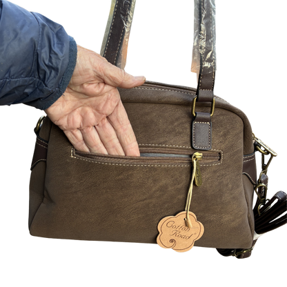 Cotton Road Handbag: BROWN PU Leather Dome Shoulder Bag with Black Trim FRONT POCKET VIEW SIZE