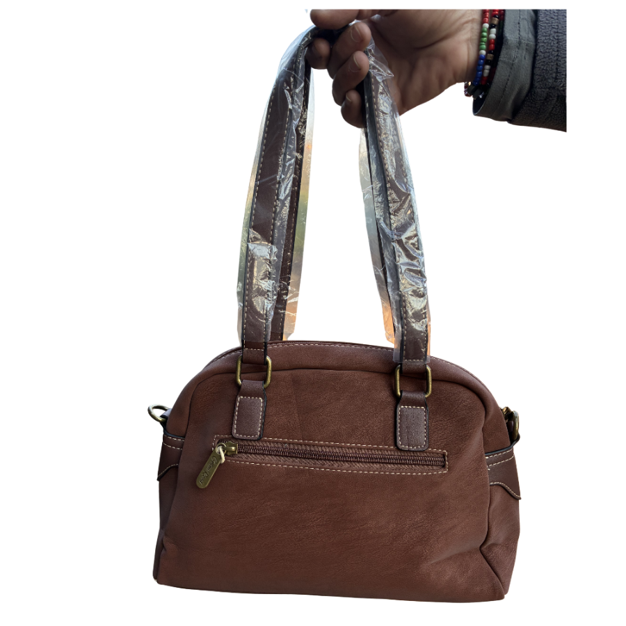 Cotton Road Handbag: BROWN PU Leather Dome Shoulder Bag with Black Trim HANGING