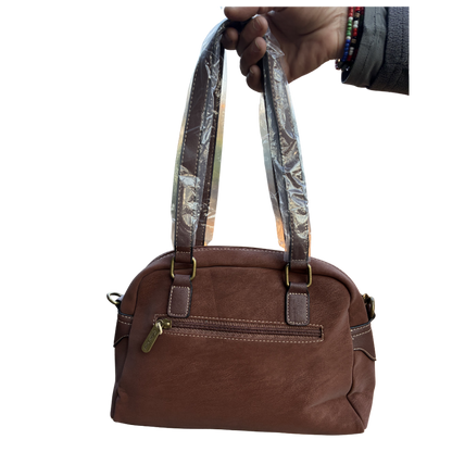 Cotton Road Handbag: BROWN PU Leather Dome Shoulder Bag with Black Trim HANGING
