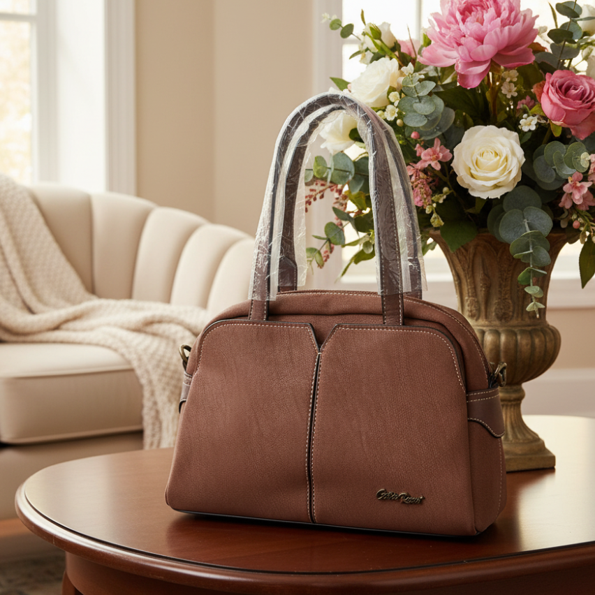 Cotton Road Handbag: BROWN PU Leather Dome Shoulder Bag with Black Trim HERO