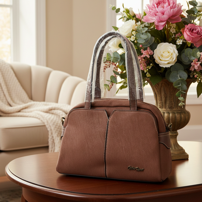 Cotton Road Handbag: BROWN PU Leather Dome Shoulder Bag with Black Trim HERO