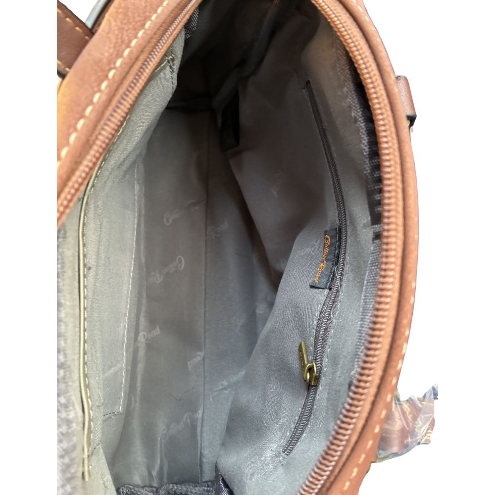 Cotton Road Handbag: BROWN PU Leather Dome Shoulder Bag with Black Trim INNER VIEW