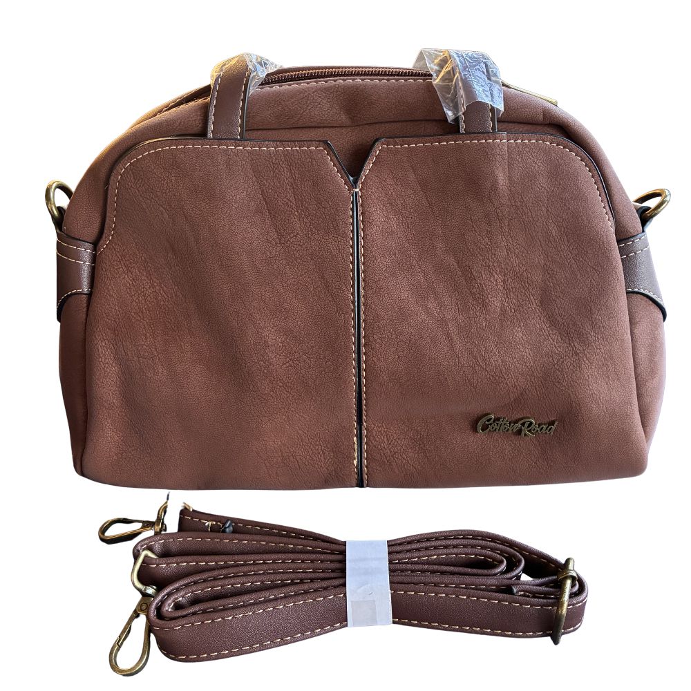 Cotton Road Handbag: BROWN PU Leather Dome Shoulder Bag with Black Trim SET FRONT VIEW