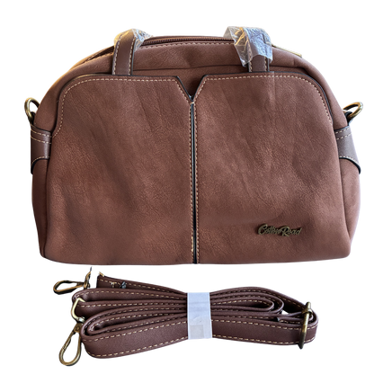 Cotton Road Handbag: BROWN PU Leather Dome Shoulder Bag with Black Trim SET FRONT VIEW