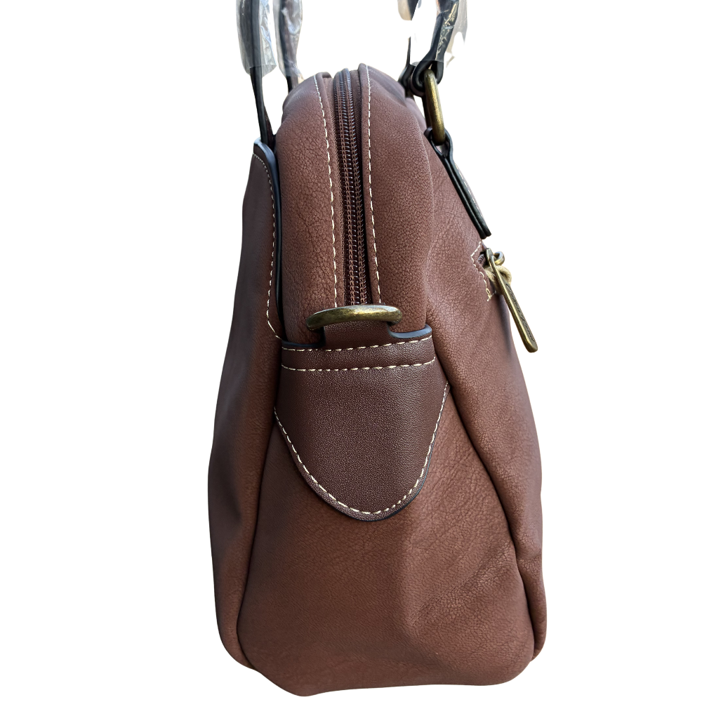 Cotton Road Handbag: BROWN PU Leather Dome Shoulder Bag with Black Trim SIDE VIEW