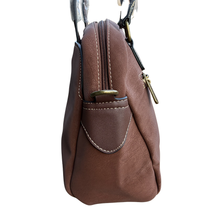 Cotton Road Handbag: BROWN PU Leather Dome Shoulder Bag with Black Trim SIDE VIEW