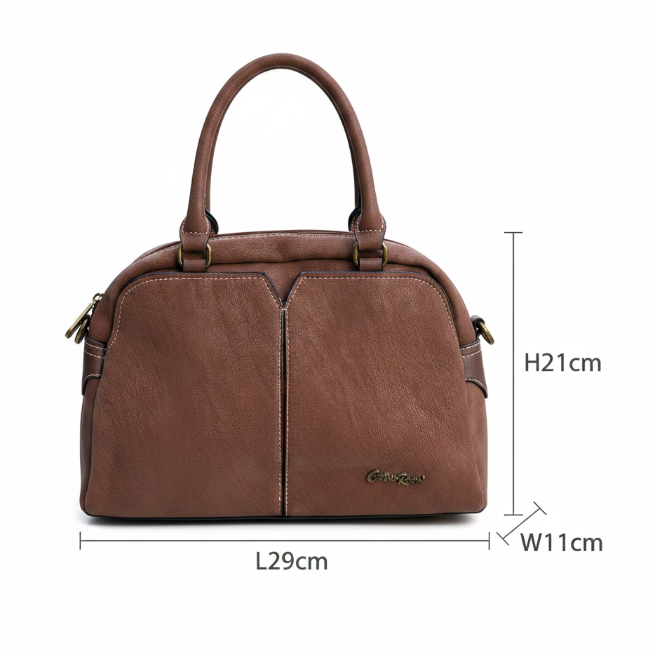 Cotton Road Handbag: BROWN PU Leather Dome Shoulder Bag with Black Trim SIZE