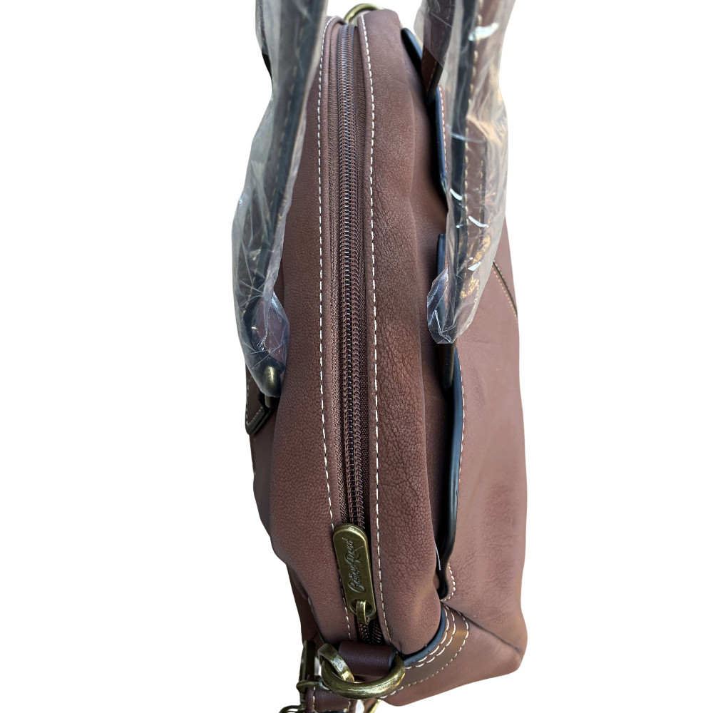 Cotton Road Handbag: BROWN PU Leather Dome Shoulder Bag with Black Trim TOP VIEW