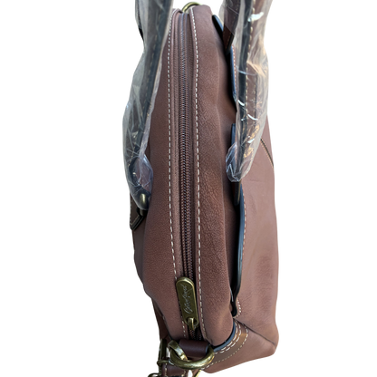 Cotton Road Handbag: BROWN PU Leather Dome Shoulder Bag with Black Trim TOP VIEW
