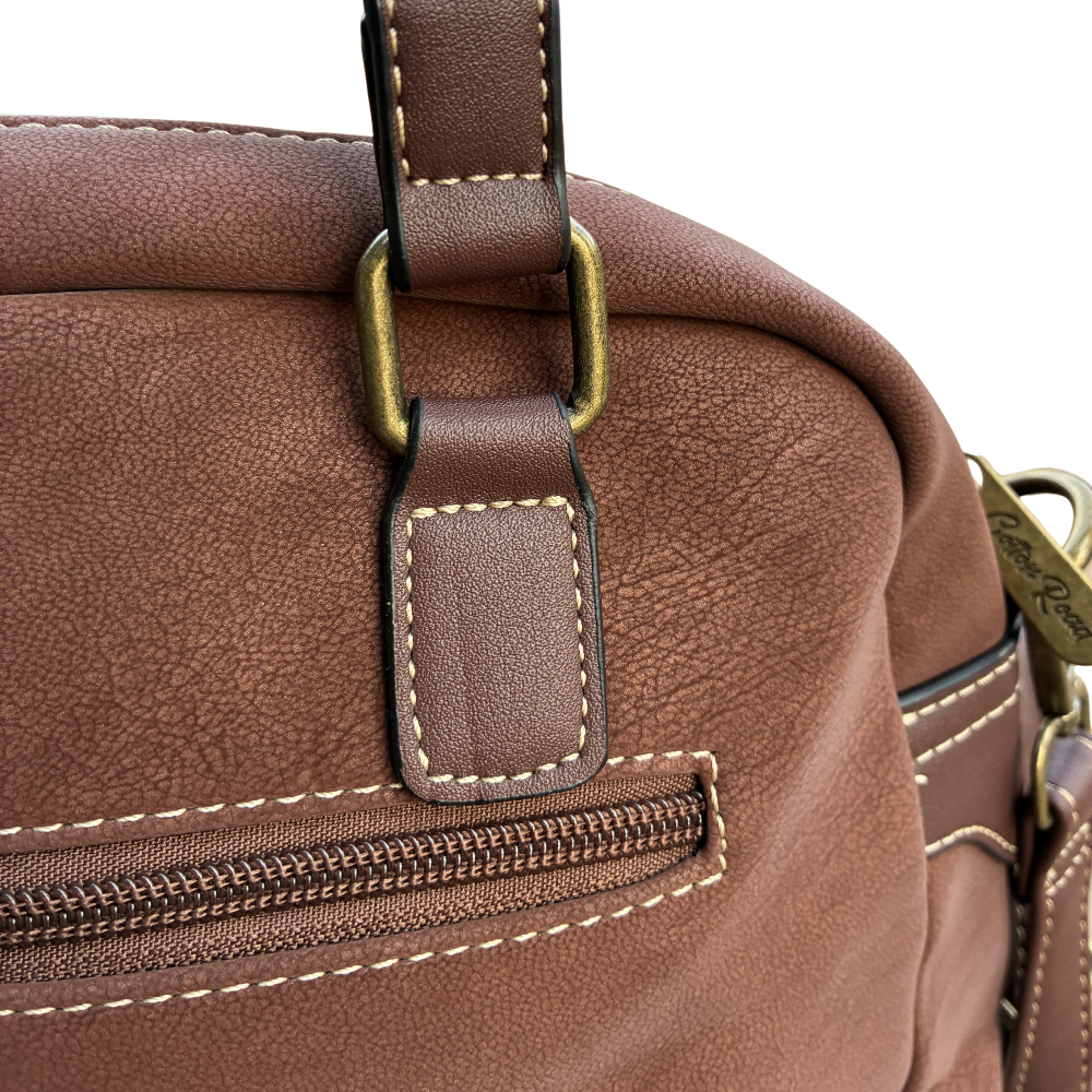 Cotton Road Handbag: BROWN PU Leather Dome Shoulder Bag with Black Trim ZOOM