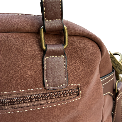 Cotton Road Handbag: BROWN PU Leather Dome Shoulder Bag with Black Trim ZOOM
