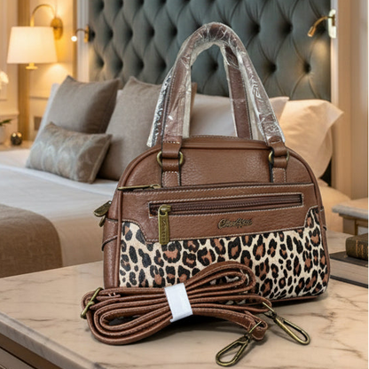 Cotton Road Handbag: BROWN PU Leather Handbag with LEOPARD PRINT Panel