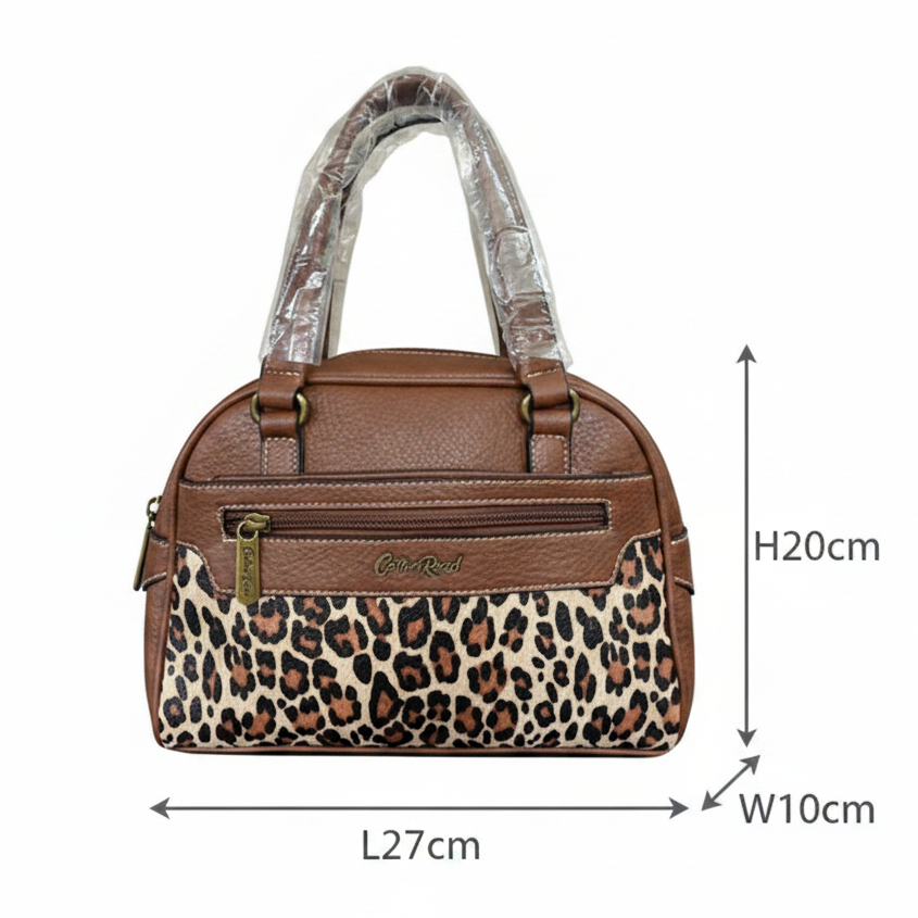 Cotton Road Handbag: BROWN PU Leather Handbag with LEOPARD PRINT Panel