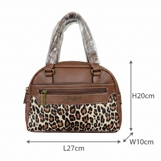 Cotton Road Handbag: BROWN PU Leather Handbag with LEOPARD PRINT Panel