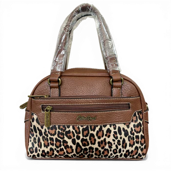 Cotton Road Handbag: BROWN PU Leather Handbag with LEOPARD PRINT Panel FRONT