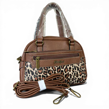 Cotton Road Handbag: BROWN PU Leather Handbag with LEOPARD PRINT Panel SET