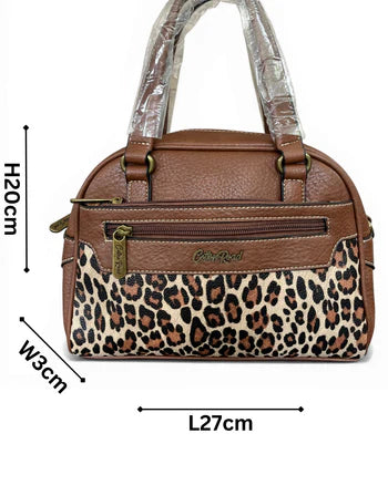 Cotton Road Handbag: BROWN PU Leather Handbag with LEOPARD PRINT Panel SIZED
