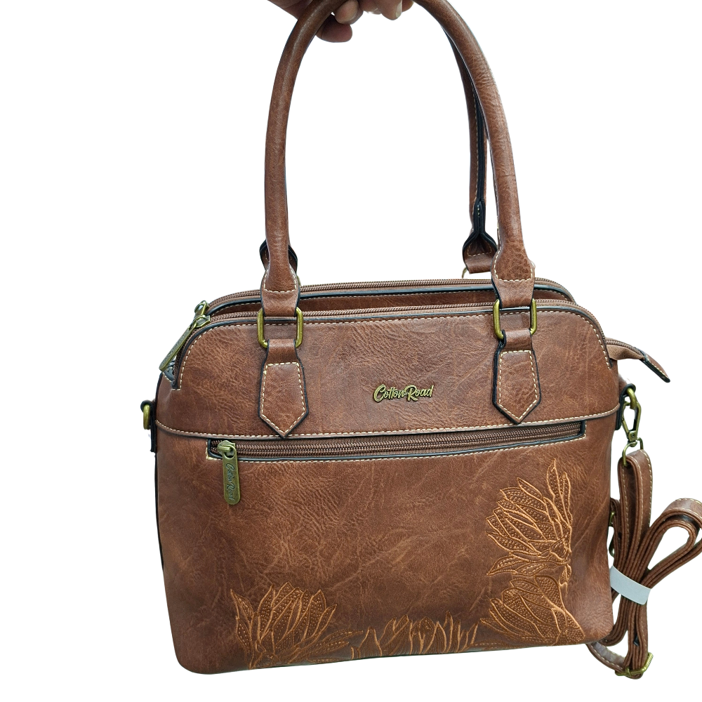 Cotton Road Handbag: BROWN PU Leather Triple-Compartment Satchel with Floral Embroidery SET